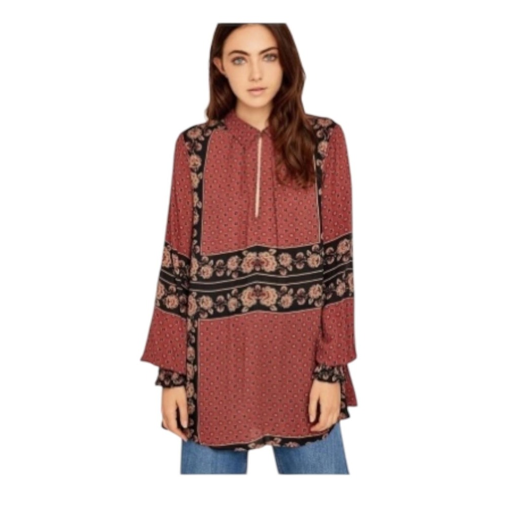 Free People Changing Times Tunic Top Brick Combo Boho Floral XS